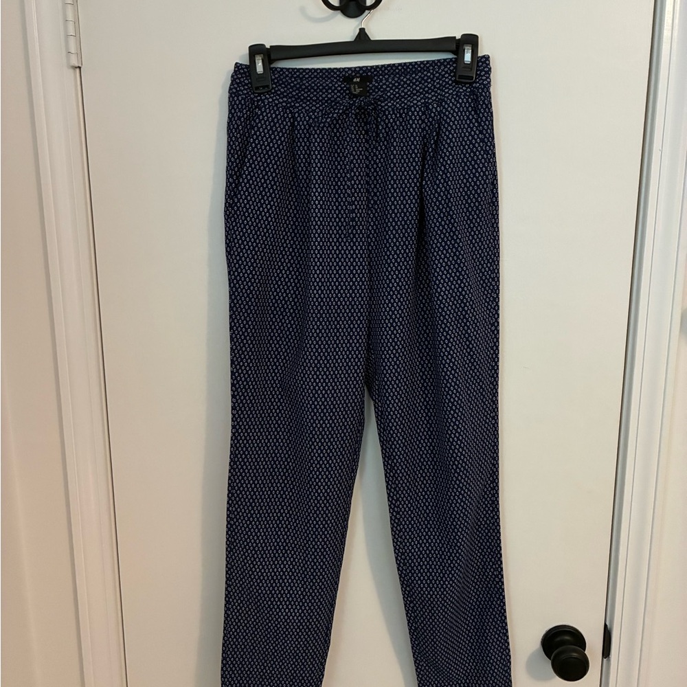 H&M Women's Navy Patterned Tie Waist Trousers